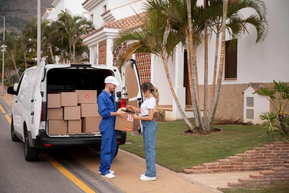 Delivery worker handing a package to a woman beside a van loaded with boxes in a suburban driveway