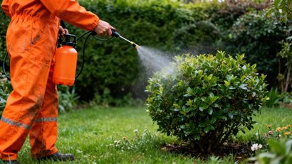 Worker in orange protective gear spraying a bush with pesticide in a grassy garden