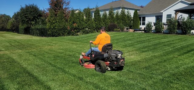 Person in orange jacket mowing a green lawn in a suburban yard