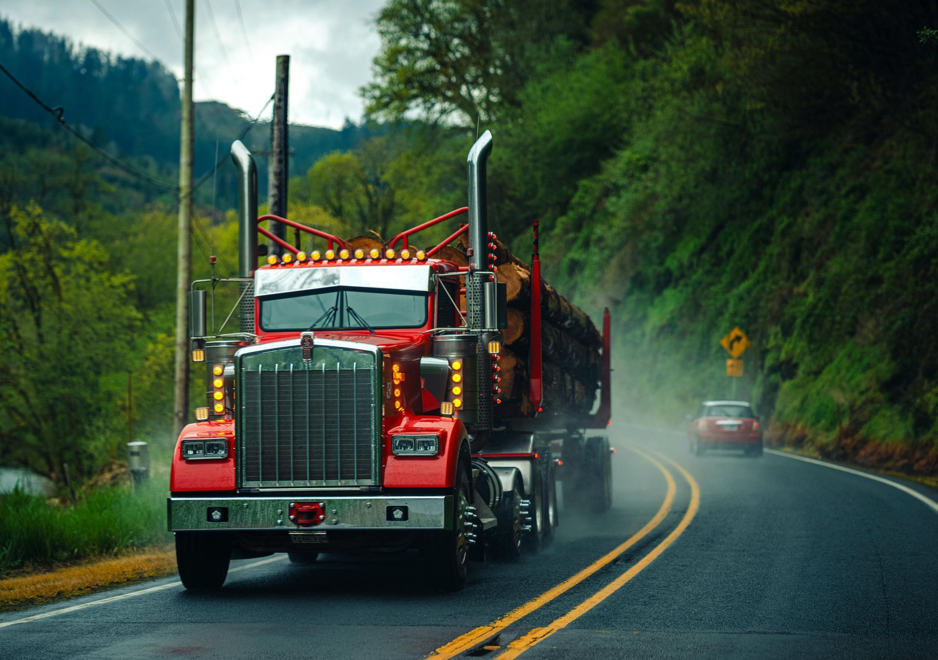 Freight Hauling Vehicle on Rainy Road