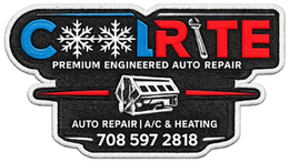 Logo for Cool Rite, auto repair shop. Blue text, 