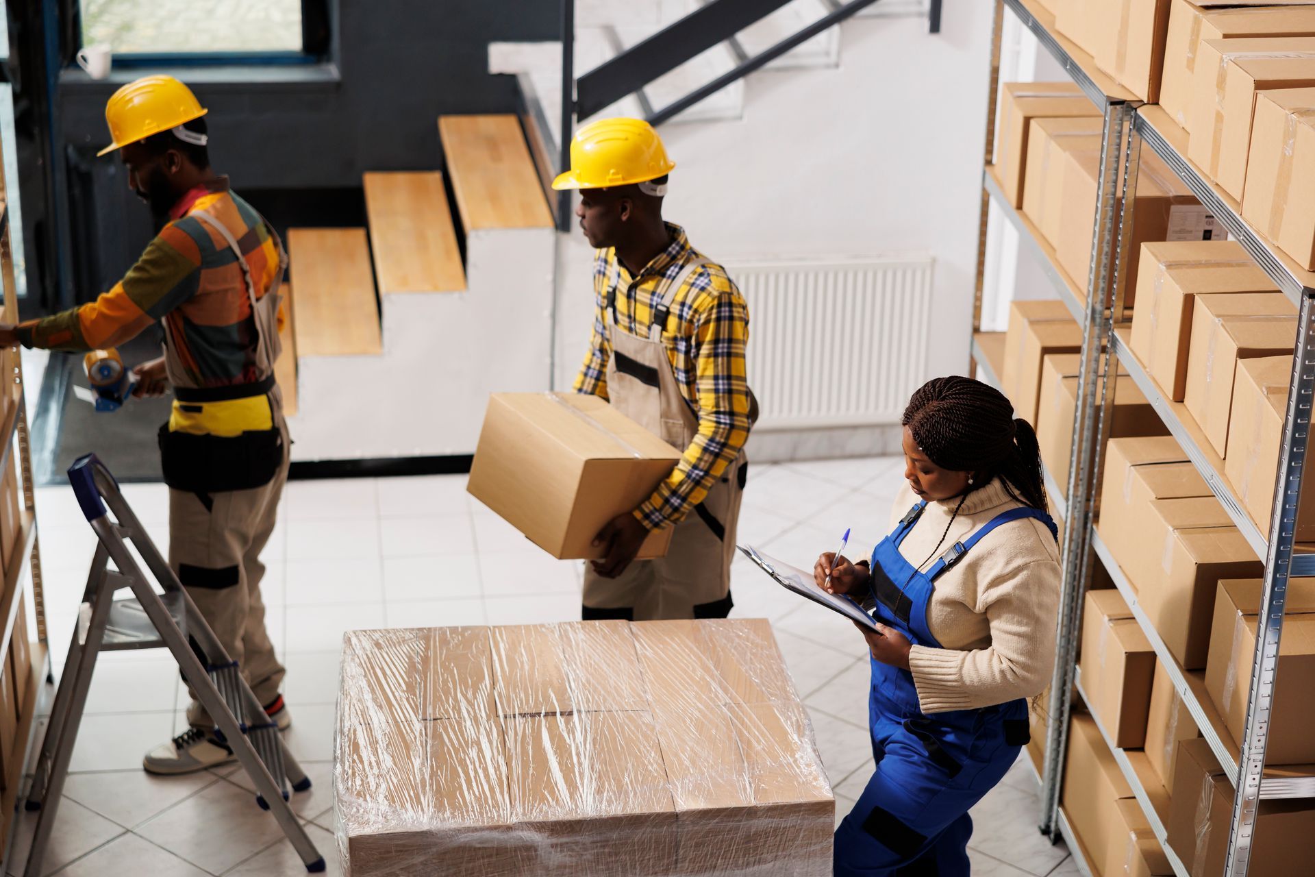 Workers in hard hats load and inventory boxes in a warehouse, one person taking notes.