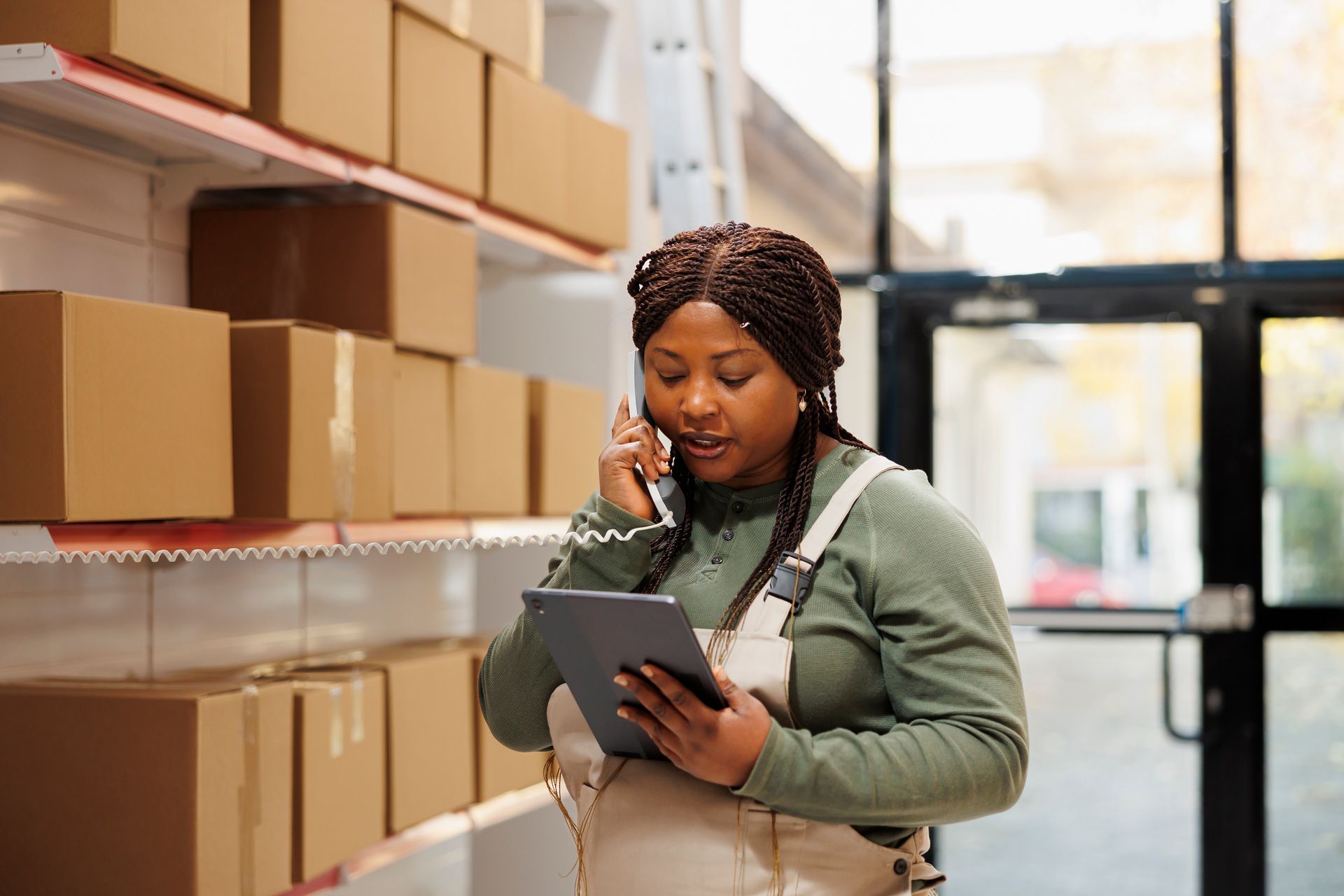 Woman in overalls talking on phone, holding tablet, in a warehouse with boxes on shelves.