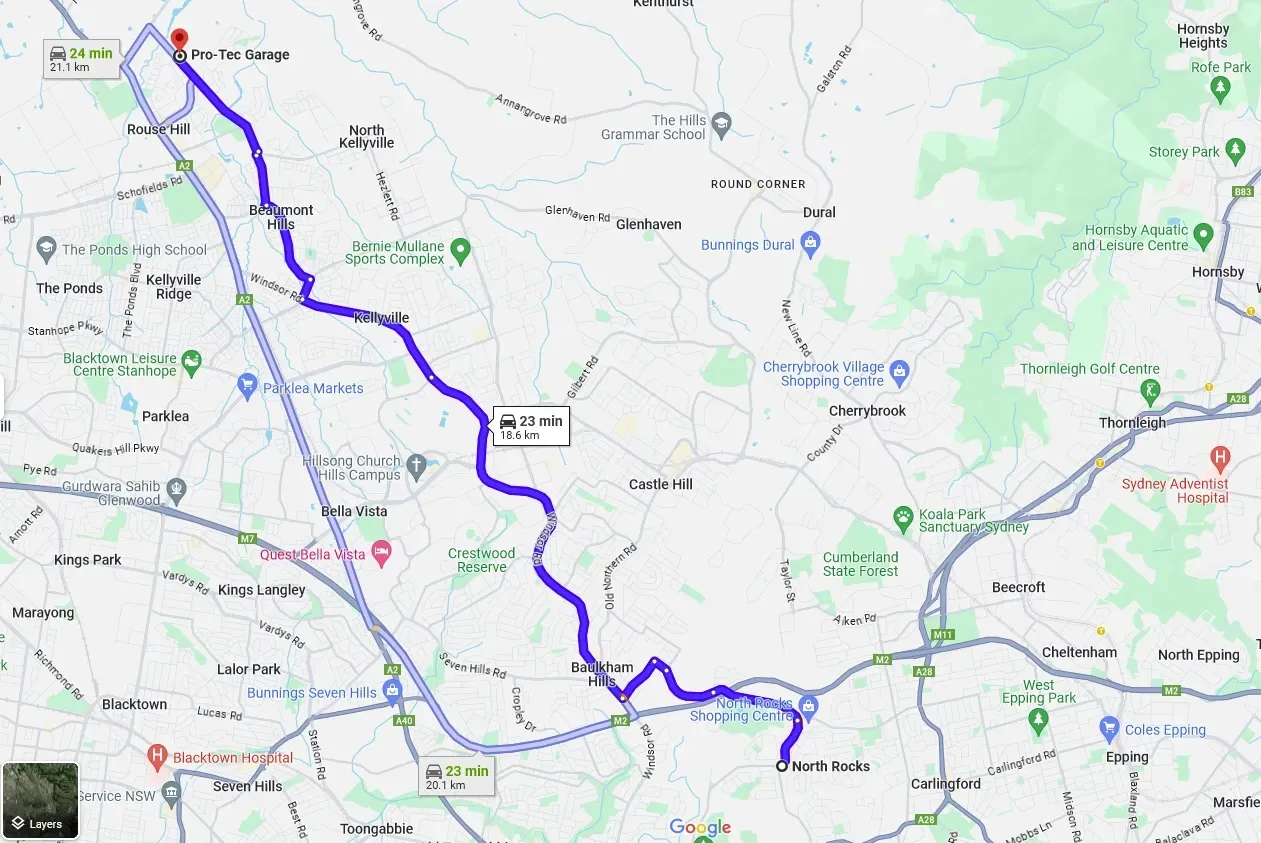 A map with a blue line showing a route from North Rocks to Pro Tec garage in Rouse Hill