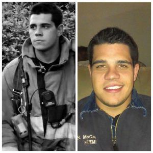 A black and white photo of a fireman and a picture of a fireman smiling