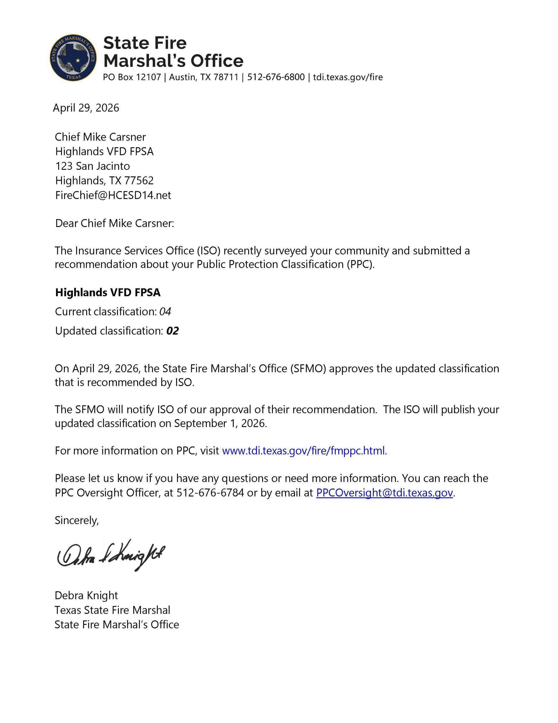 Typed letter from the State Fire Marshal's Office on official letterhead, with a signature near the bottom.