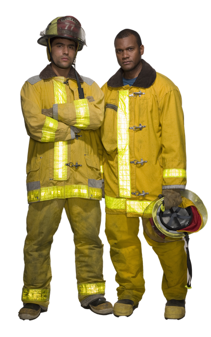 Two firefighters are standing next to each other with one having their  arms crossed