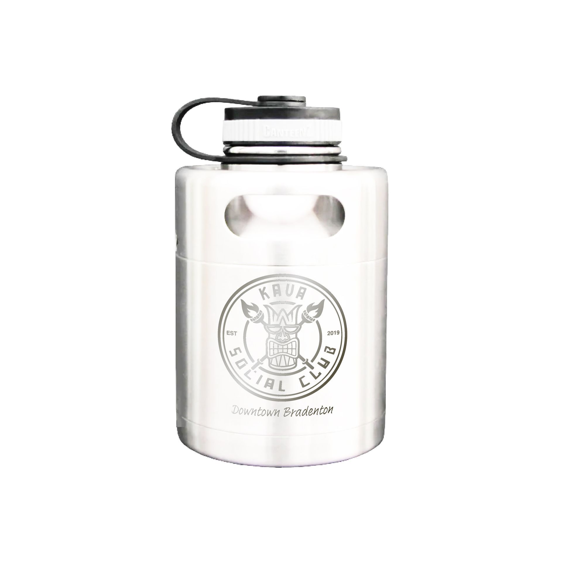 A stainless steel keg with a logo on it.