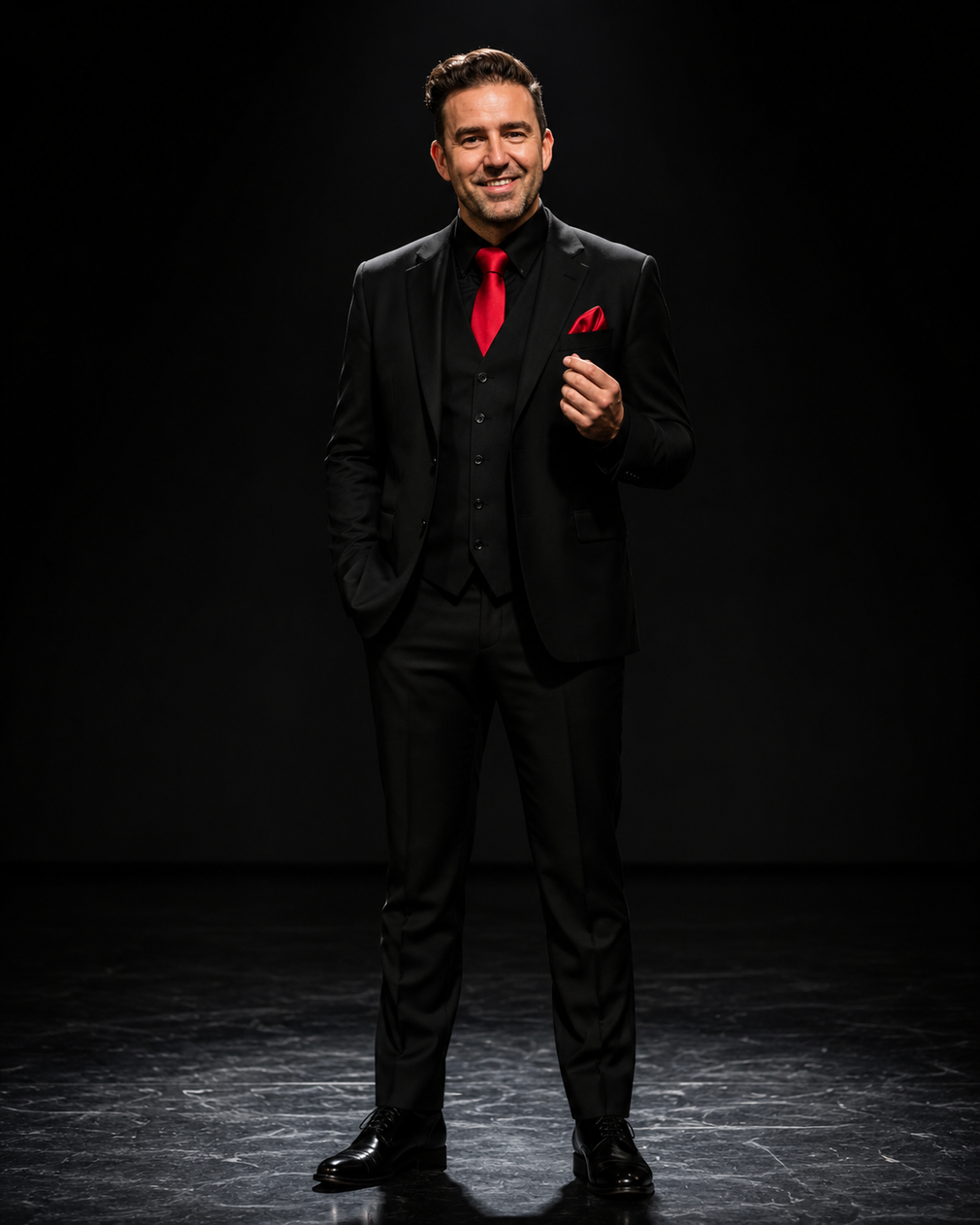 Man in a black suit with a red tie stands on a dark stage, holding a microphone.