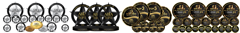 Rows of ornate circular emblems in black, gold, and silver on a white background