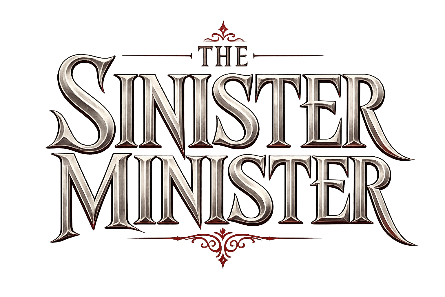 The Sinister Minister logo in ornate black and red lettering