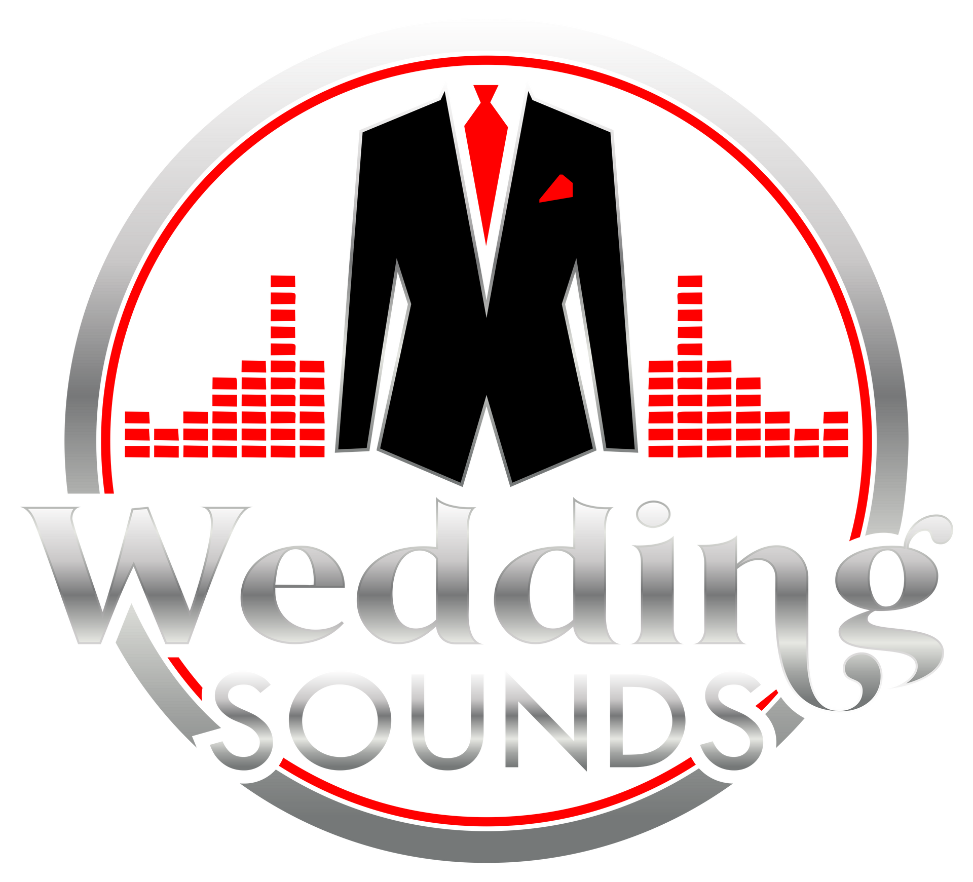 Wedding Sounds logo with black tuxedo silhouette, red equalizer bars, and silver text inside a circle