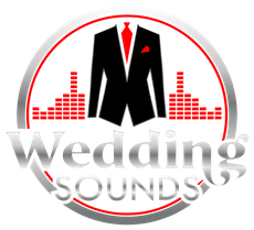 Wedding Sounds logo with black tuxedo silhouette, red equalizer bars, and silver text inside a circle
