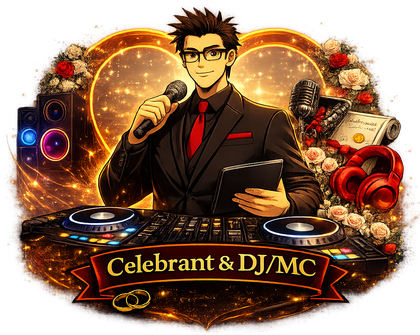 DJ/MC in a black suit with red tie at turntables, framed by golden lights and speakers, labeled 