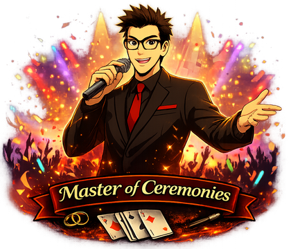 Illustrated host in a suit holding a microphone before a colorful fireworks-style background, labeled “Master of Ceremonies”