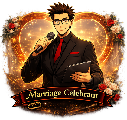 Stylized marriage celebrant holding a microphone and folder, framed by a glowing heart and flowers