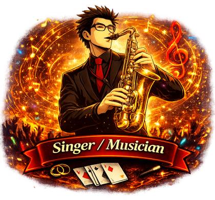 Singer/musician playing saxophone amid glowing orange sparks, with musical notes and cards below