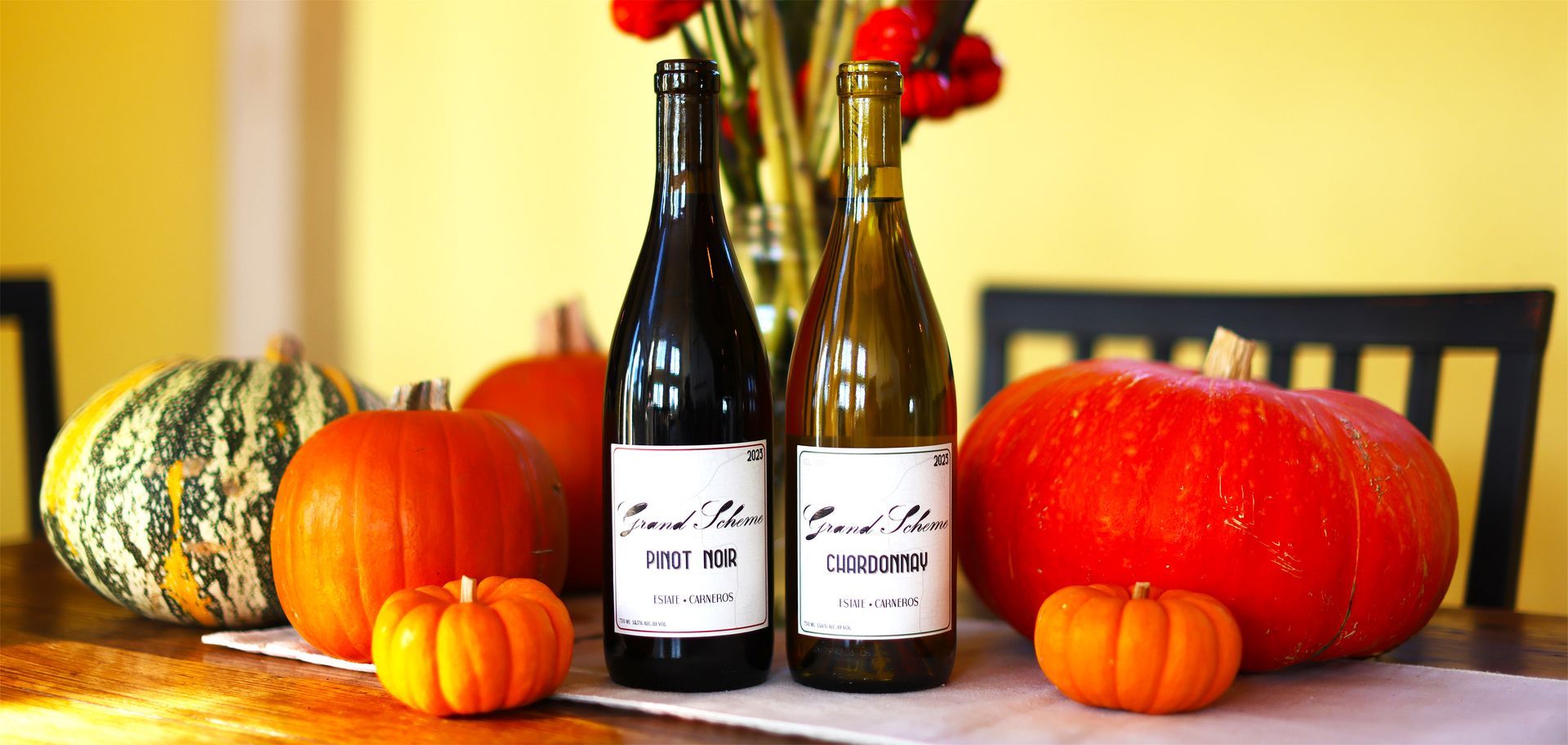 Grand Scheme Wines Pinot Noir and Chardonnay in Fall Table Top Seting