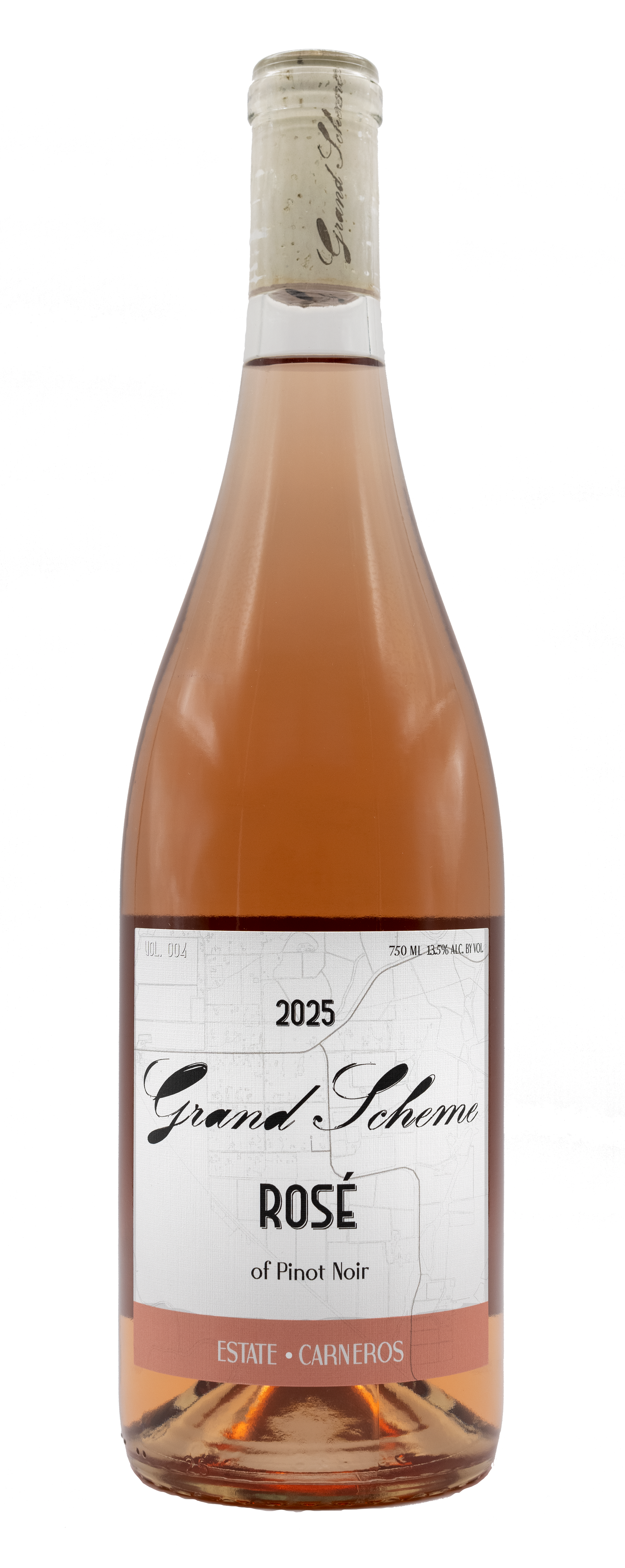 2025 Estate Rose of Pinot Noir wine with a white label on a white background.