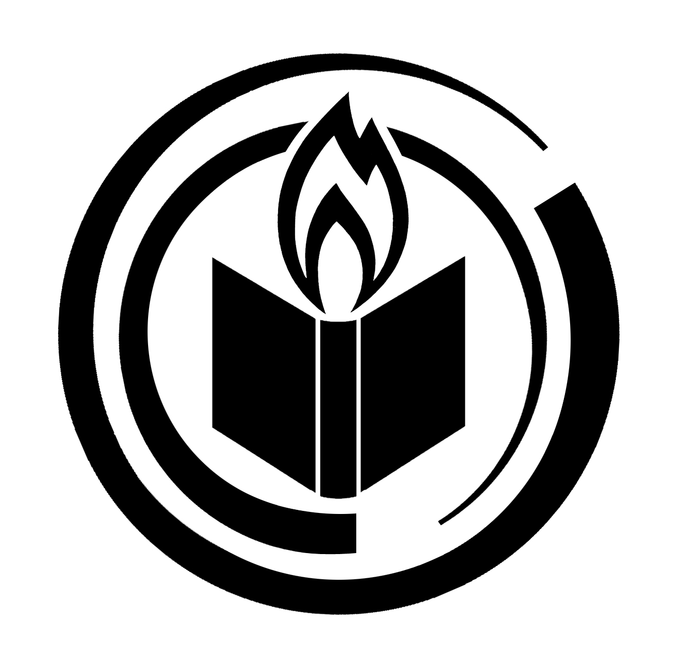 A book with a flame above it, within a circle, representing knowledge and enlightenment.