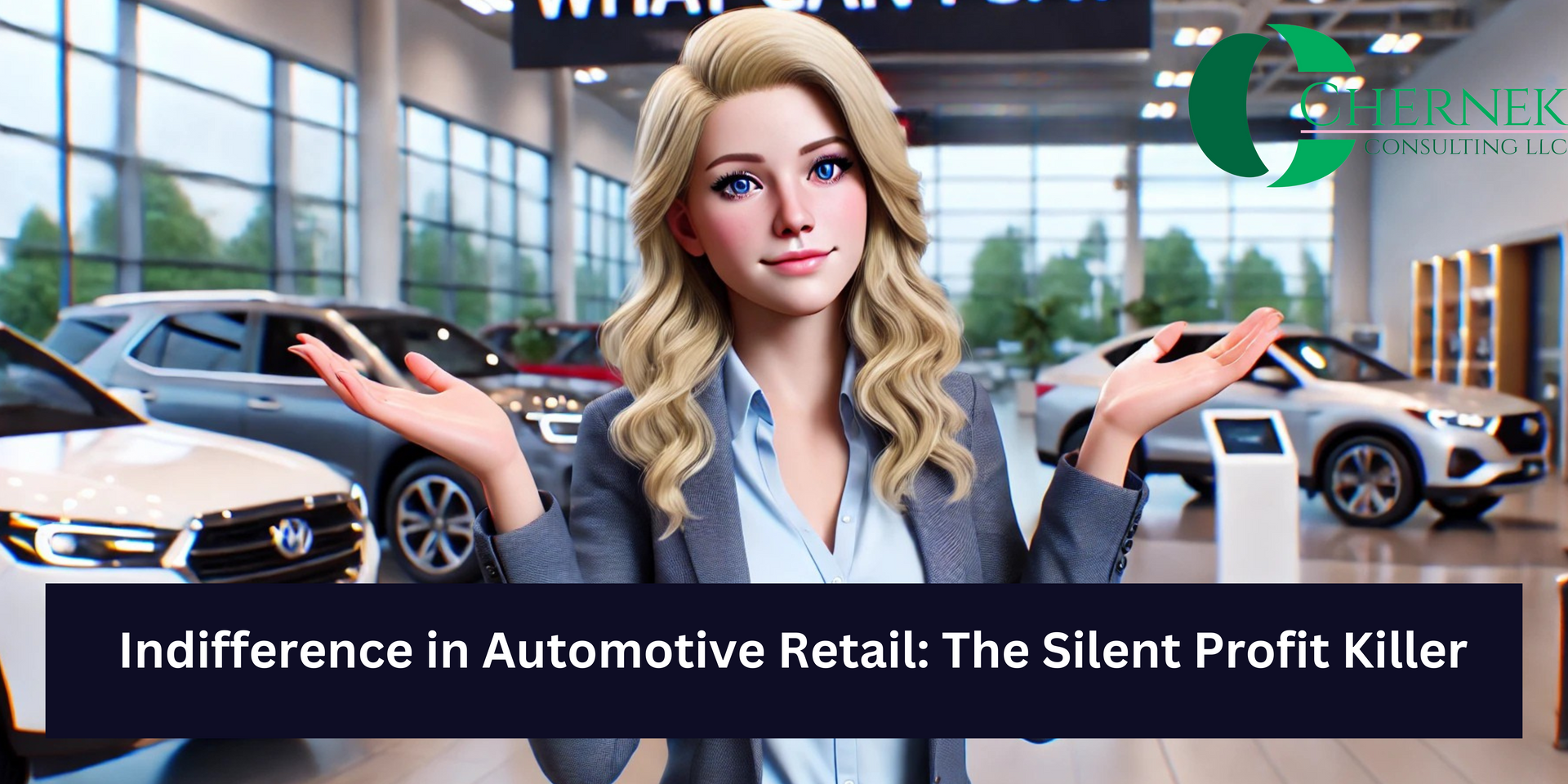 A woman is standing in front of a showroom full of cars.