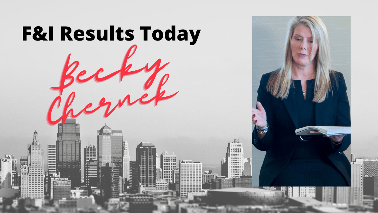 Woman presenting F&I results with city skyline background. Her name is Becky Chernek.