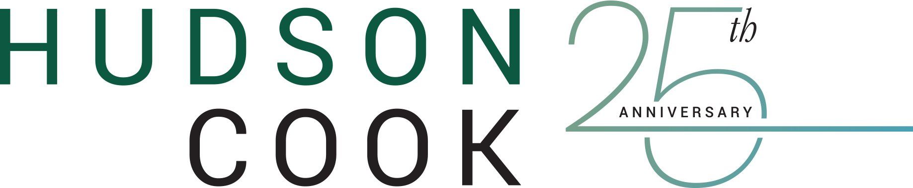 HUDSON COOK logo celebrating 25th anniversary. Green text and 25 in outlined silver.