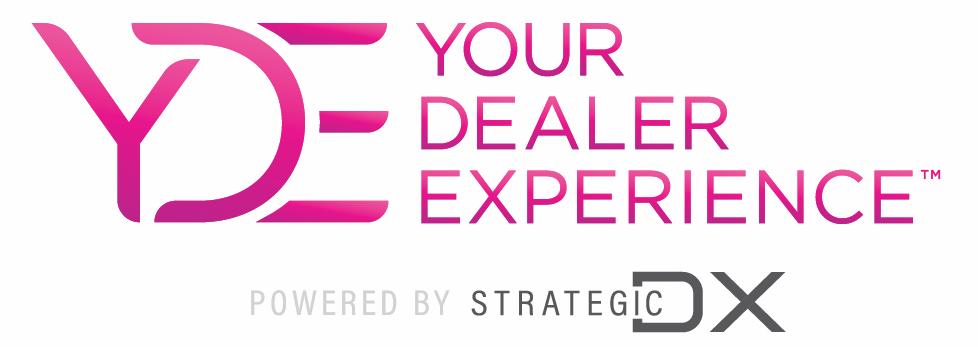 Logo for Your Dealer Experience (YDE), with pink text and branding. Powered by Strategic DX.