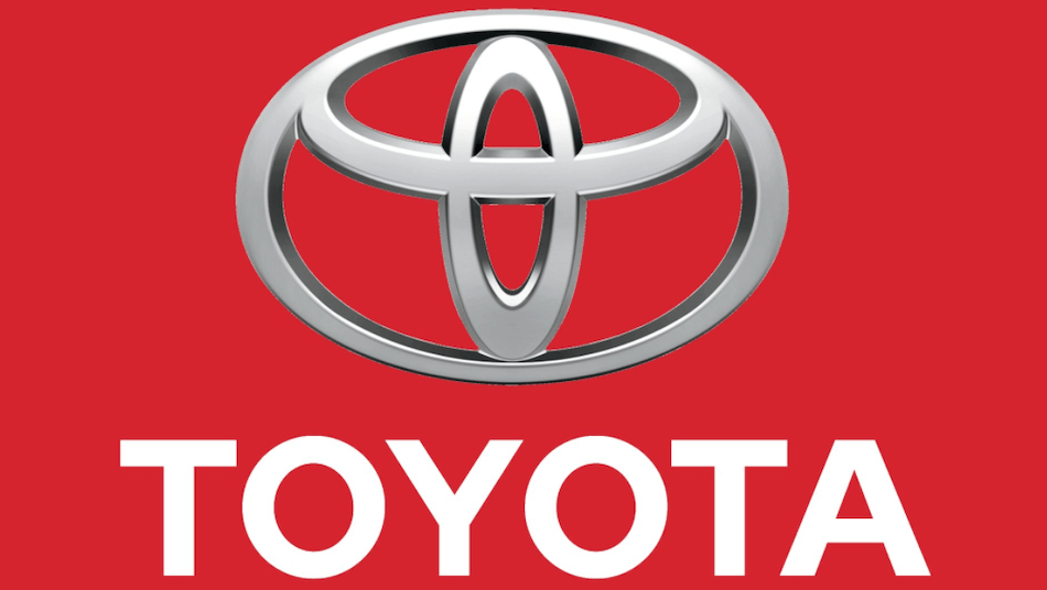 Toyota logo with silver emblem on a red background, white text below.