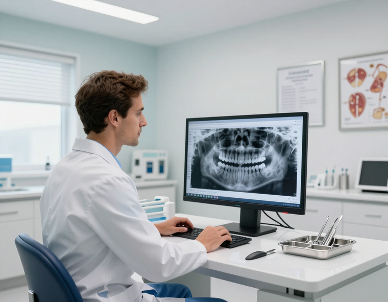 Dentista che consulta immagini radiologiche