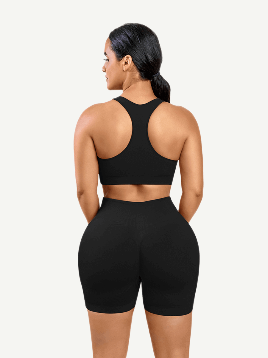 V Neck Seamless Biker Shorts Set
