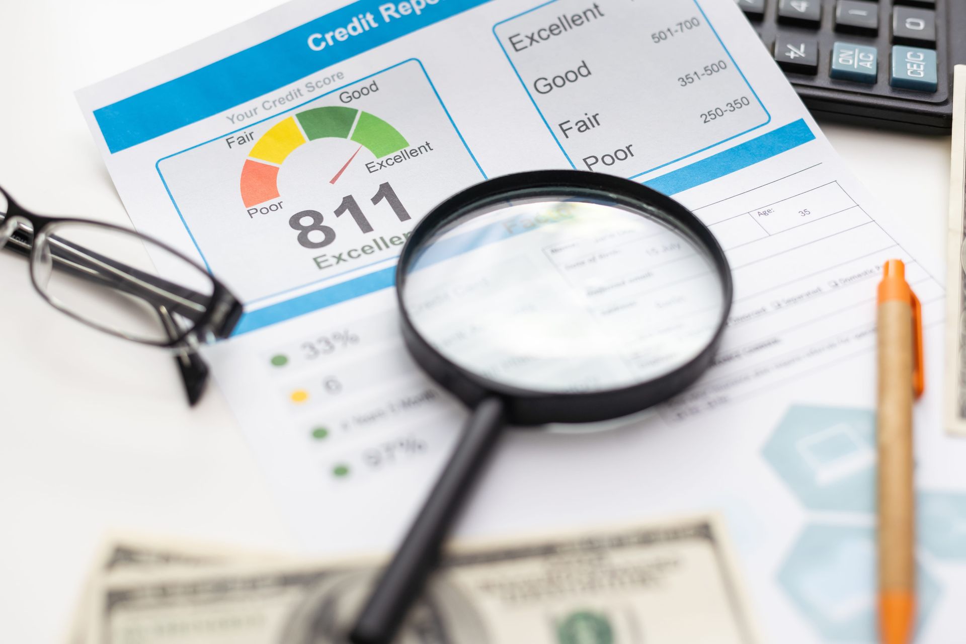 Credit report with 811 score, magnifying glass, glasses, calculator, and pencil on desk