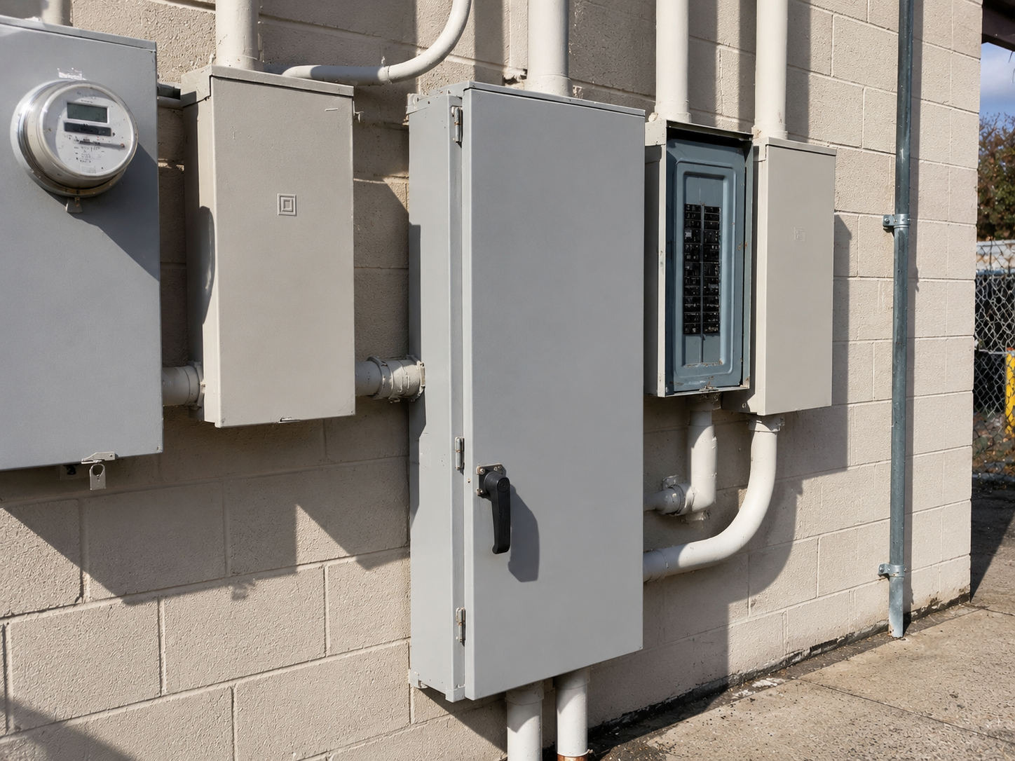 Electrical meter and breaker boxes mounted on an exterior cinder block wall.
