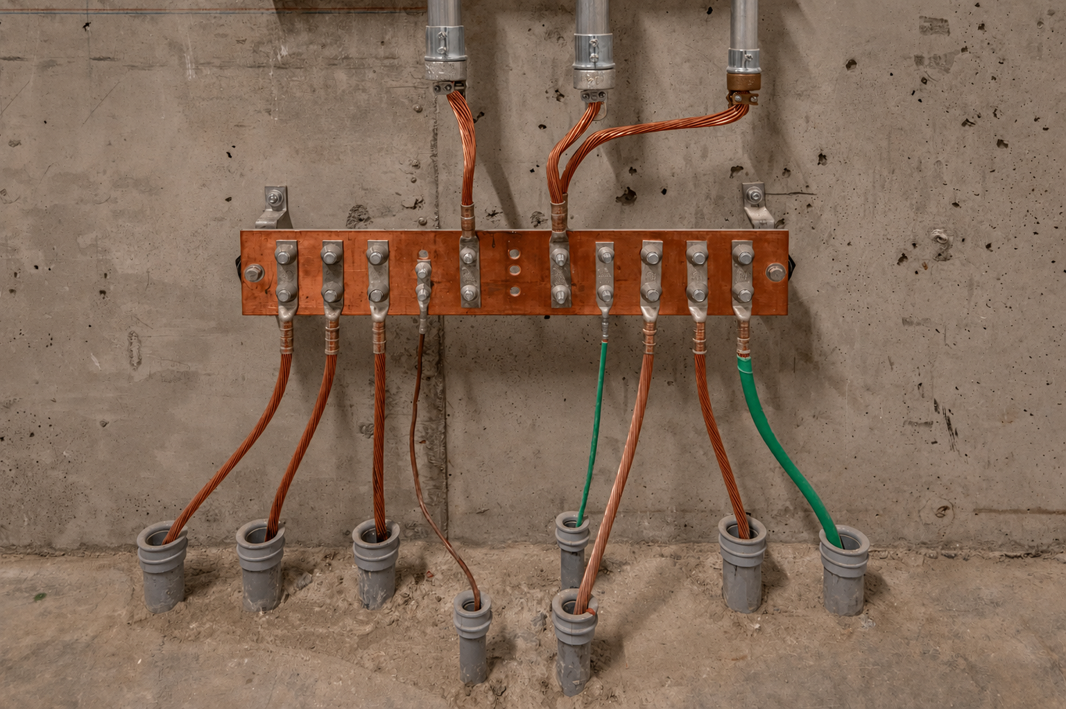 Basement utility area with open electrical panel, exposed wiring, and tools on a tarp during renovation