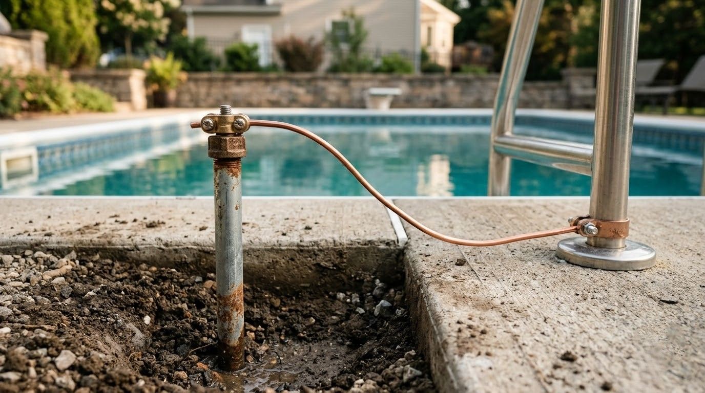 Poolside trench with exposed utility cables, coiled hose, and tools beside a concrete deck and grass edge