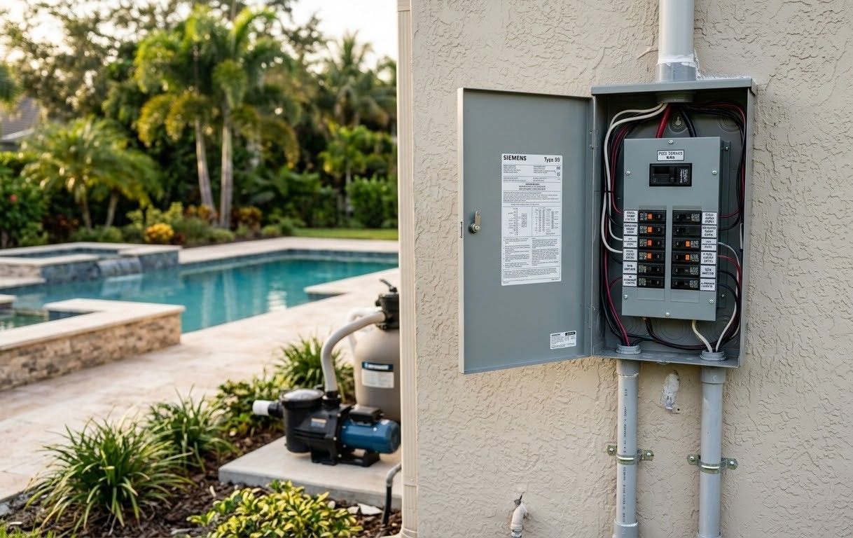 Poolside electrical repair tools and open control boxes beside conduit and wiring