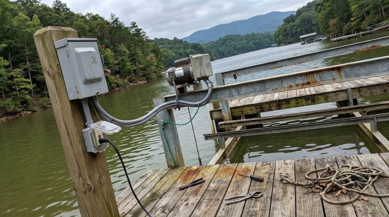 Wooden dock with electrical box and coiled cable beside a calm lake, with mountains in the background