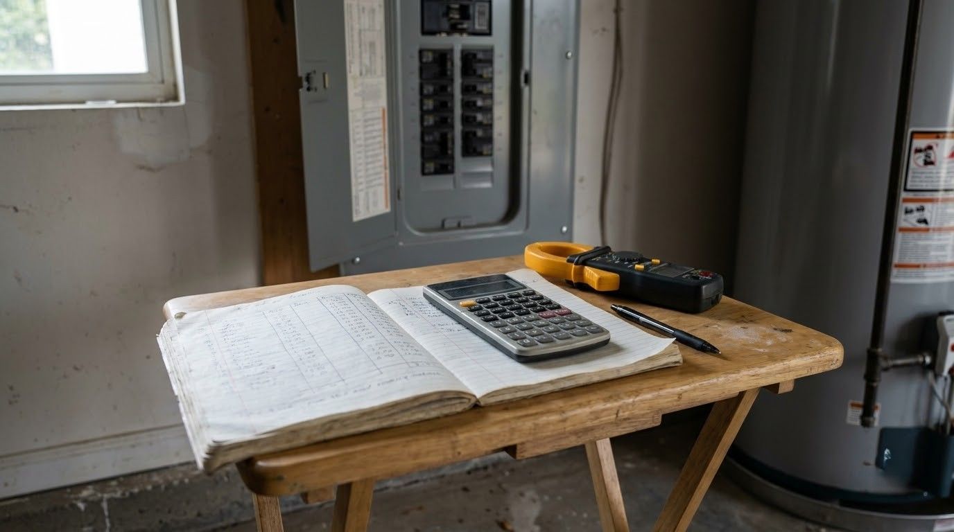 Notebook and calculator on a wooden workbench beside an electrical panel in a utility room