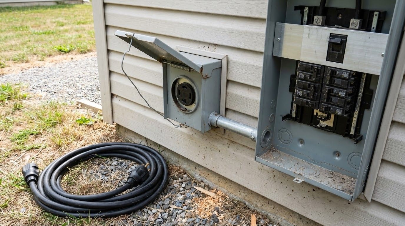 Coiled black cable beside an outdoor electrical meter and breaker panel on a house wall