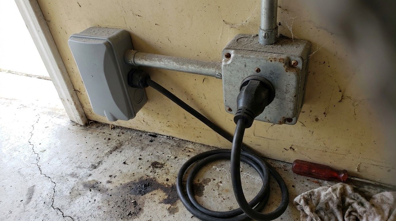 Old wall outlet and junction box with black cable coiled on a dirty floor near a wall.