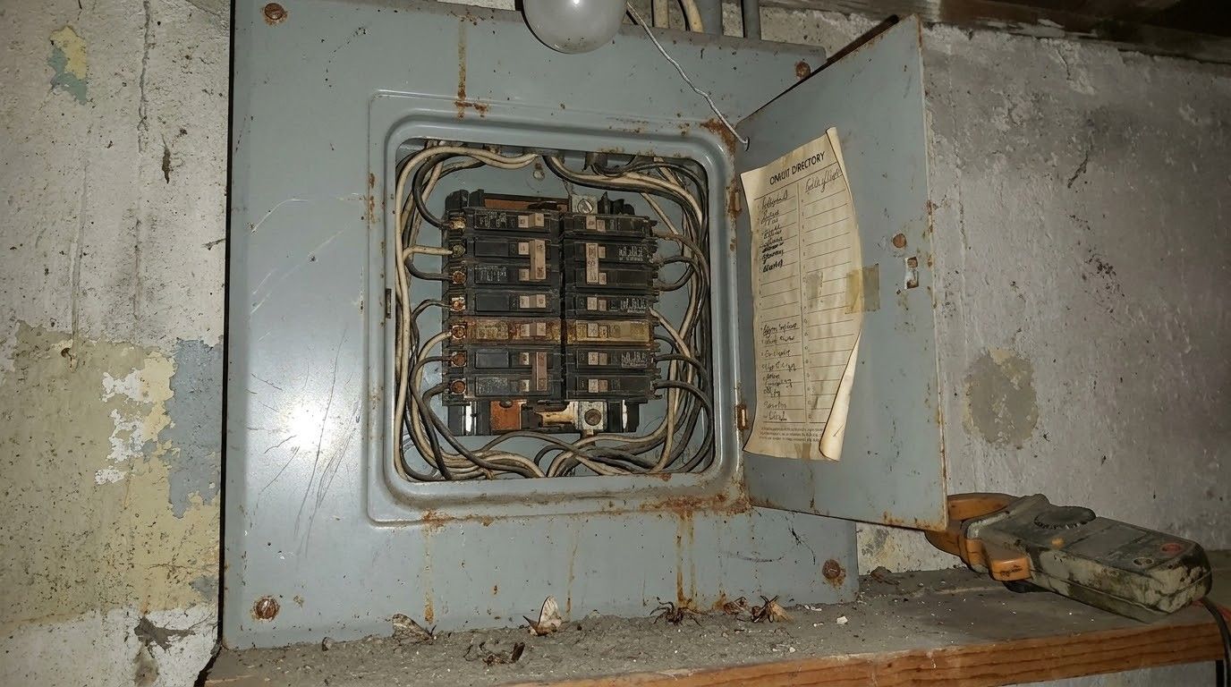 Old electrical breaker panel with open door in a worn, peeling wall interior.