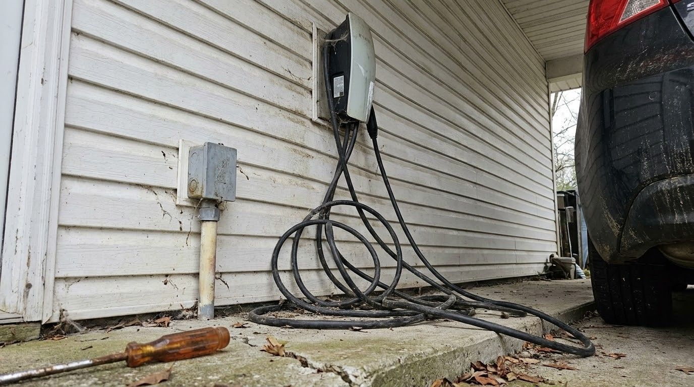 Electrical meter and tangled black cables mounted on a house exterior beside a truck and driveway.