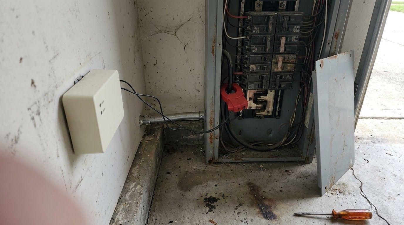 Open electrical panel with exposed wiring beside a white wall box in a dirty corner.