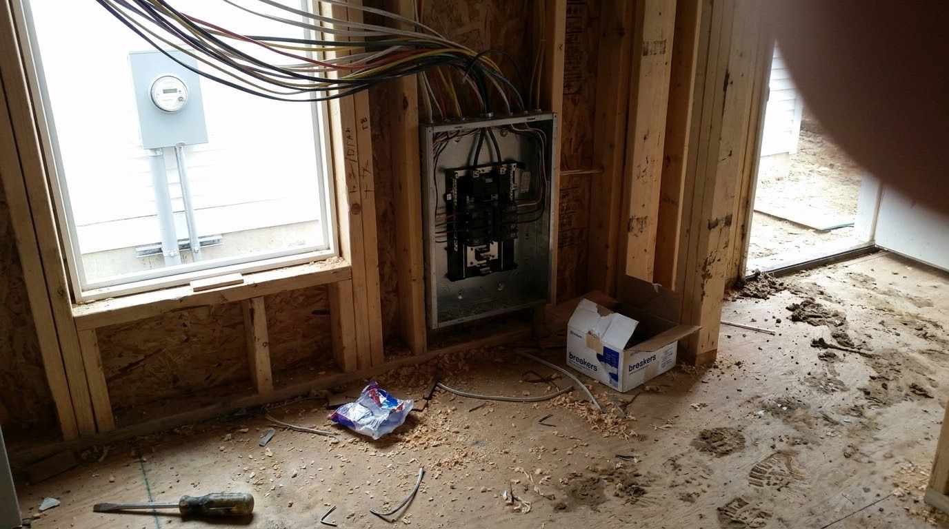 Unfinished room with exposed wiring, window, and scattered tools and debris on the floor.