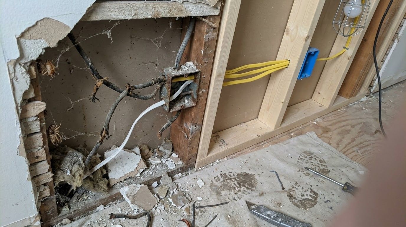 Damaged wall with exposed wiring and open studs during home renovation