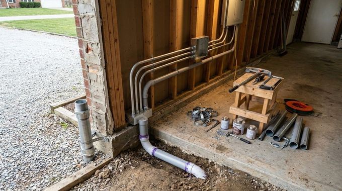Exposed electrical conduit and pipes along a garage wall with tools and materials on the concrete floor