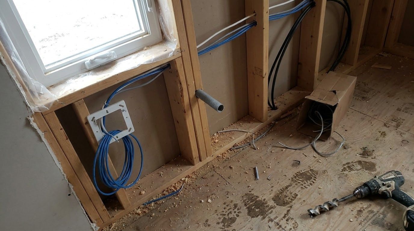 Damaged interior wall under a window, with exposed studs, blue cable, debris, and a drill on the floor.