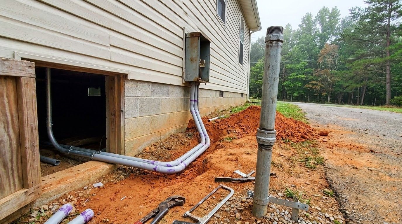 House foundation with exposed drainage pipes and a downspout beside a dirt driveway, near a road