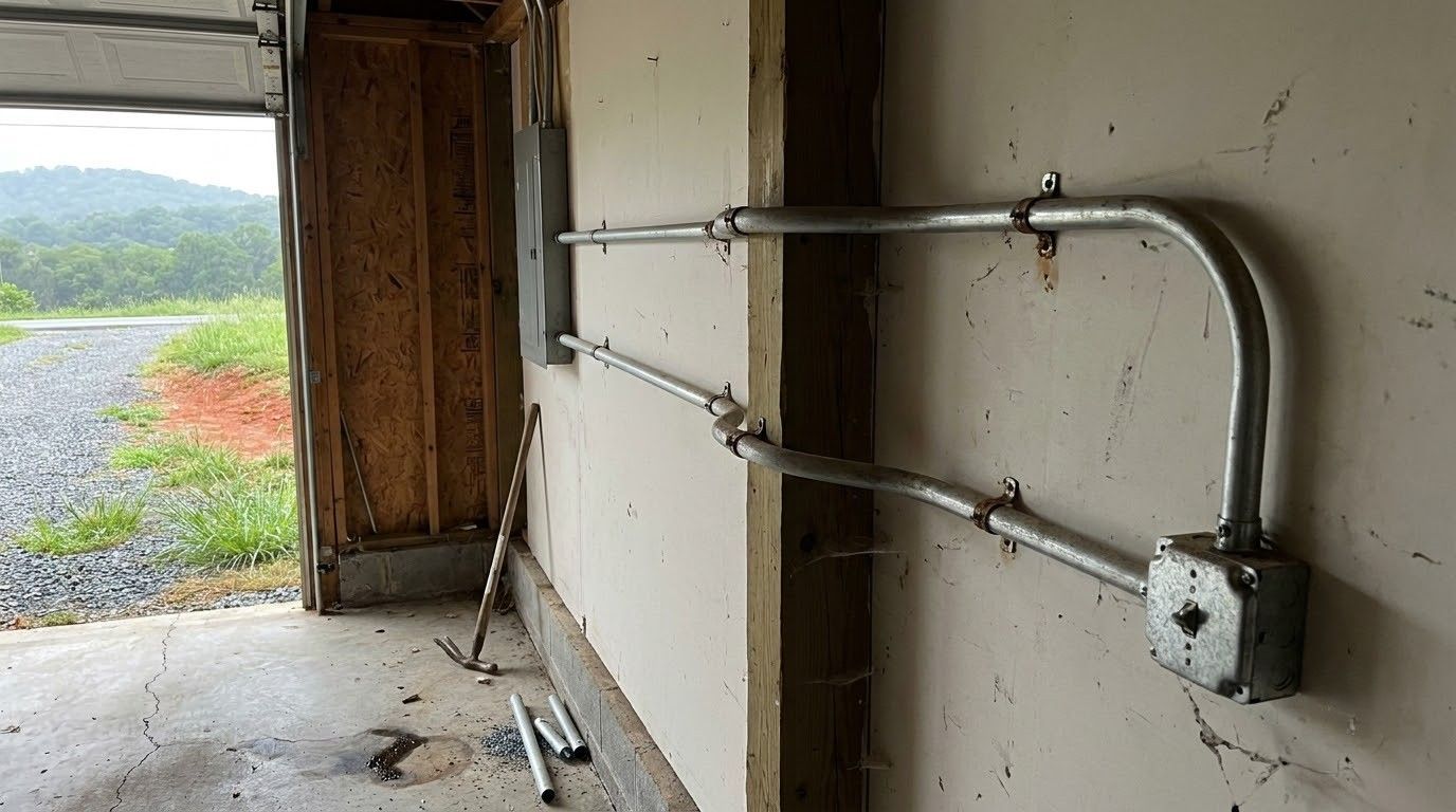 Indoor wall with exposed metal conduit and electrical box near an open doorway to the outside.