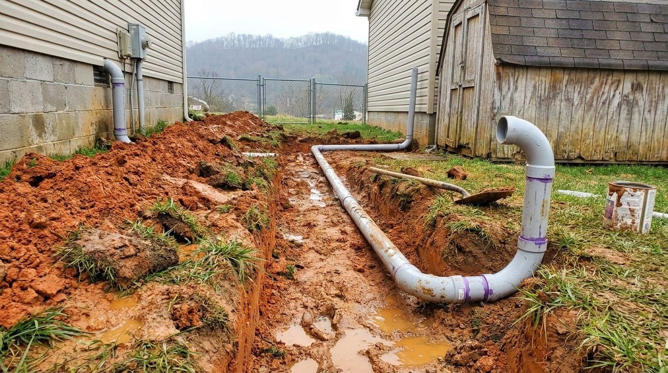 Mud-filled trench beside a house with a white drainage pipe running through the yard